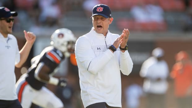 Auburn Tigers head coach Bryan Harsin during warm ups at Jordan-Hare Stadium in Auburn, Ala., on Saturday, Sept. 4, 2021.